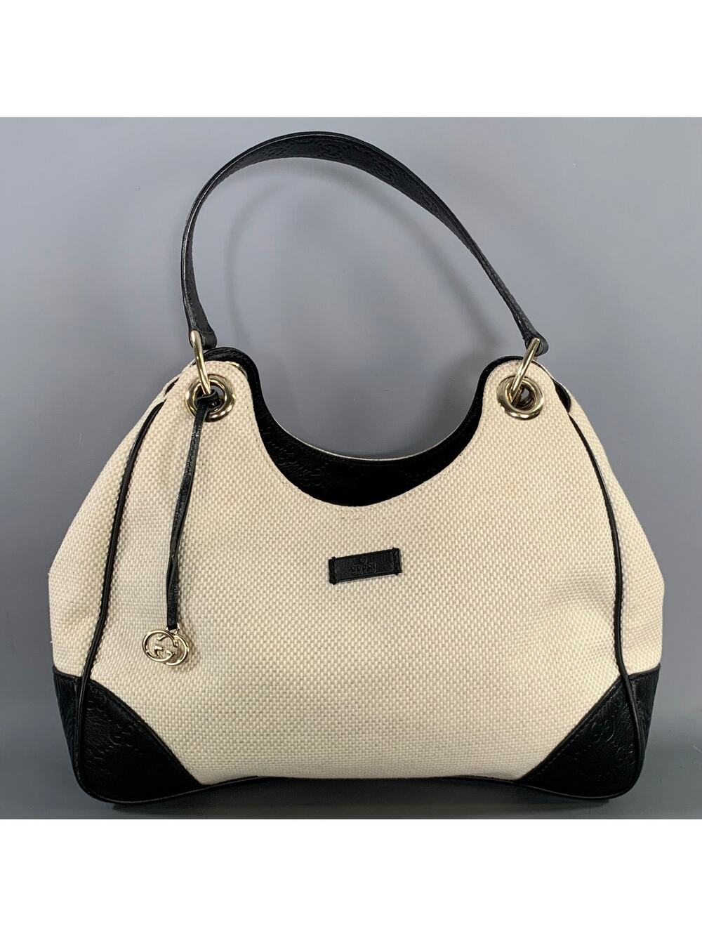 GUCCI Tan Black 257265 257268 Monogram Canvas Woven Hobo Handbag & Leather Goods